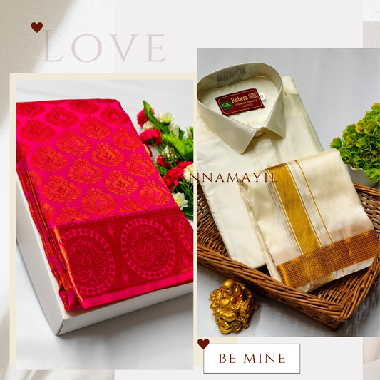 Semi Silk Saree & Semi Silk Dhoti Set - Couple Combo
