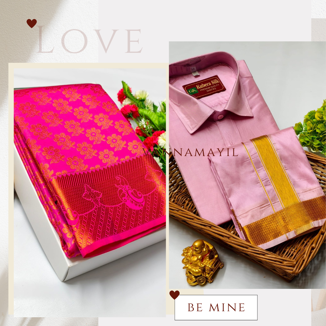 Semi Silk Saree & Semi Silk Dhoti Set - Couple Combo