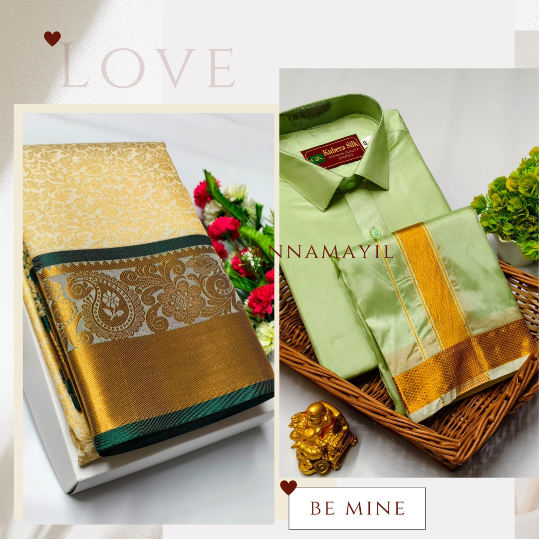 Semi Silk Saree & Semi Silk Dhoti Set - Couple Combo