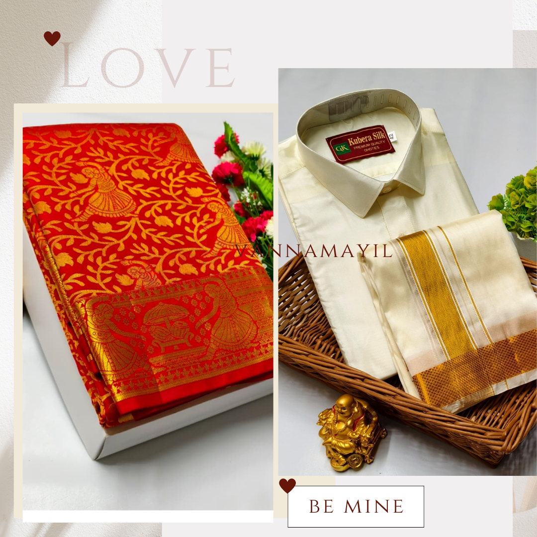 Semi Silk Saree & Semi Silk Dhoti Set - Couple Combo
