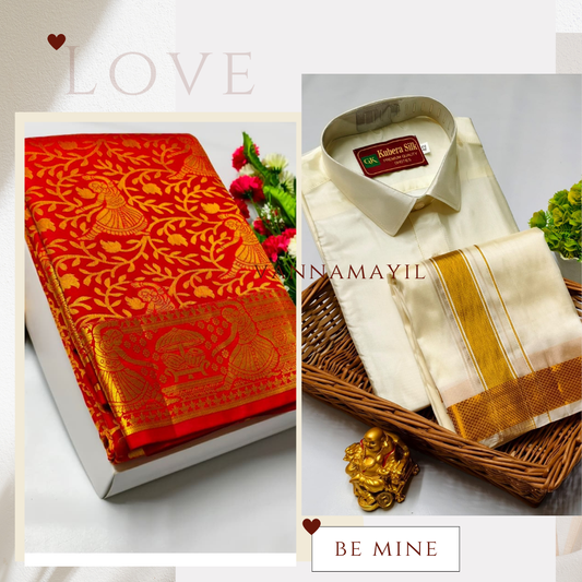 Semi Silk Saree & Semi Silk Dhoti Set - Couple Combo