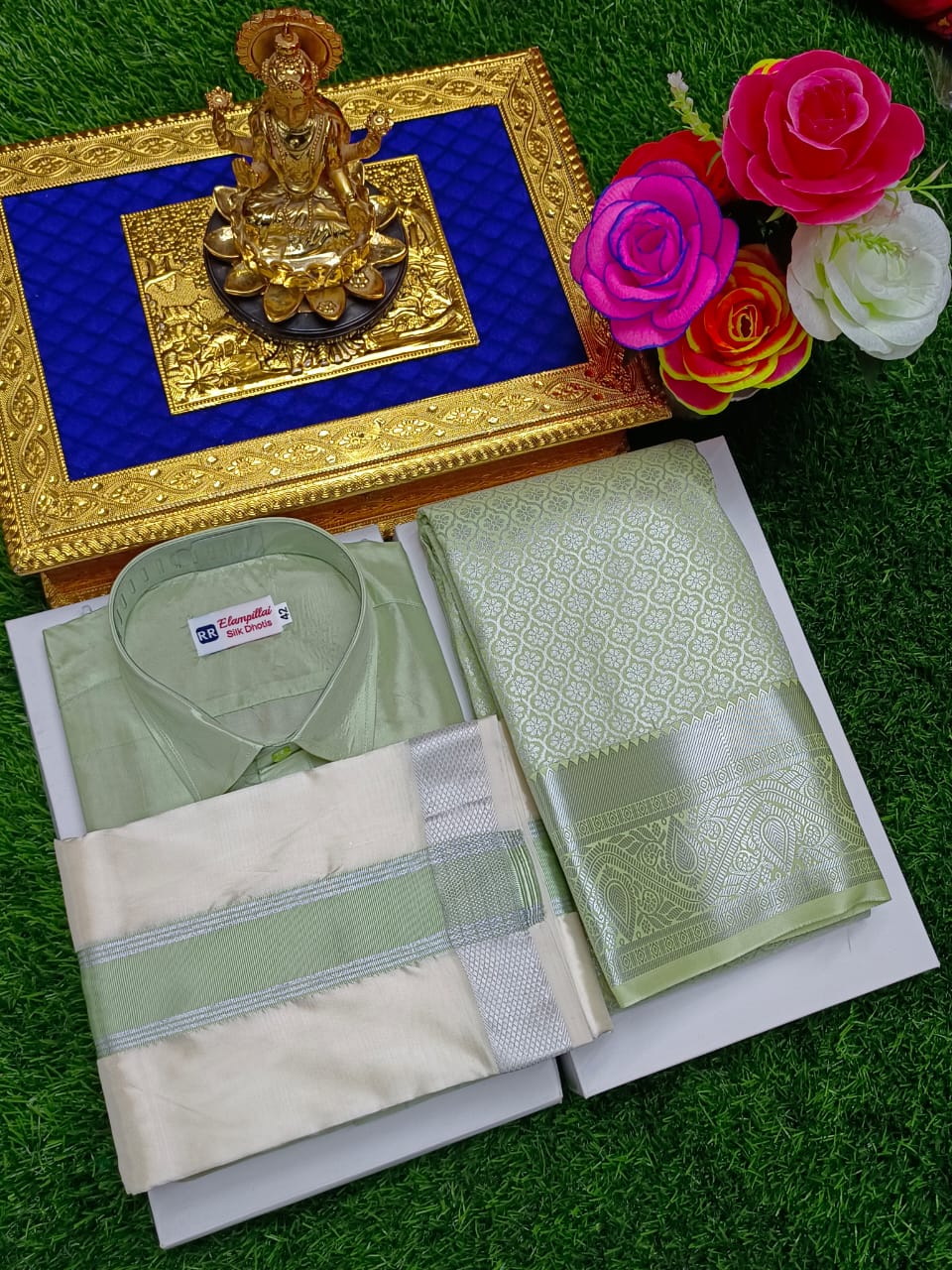 Semi Silk Saree & Semi Silk Dhoti Set - Couple Combo