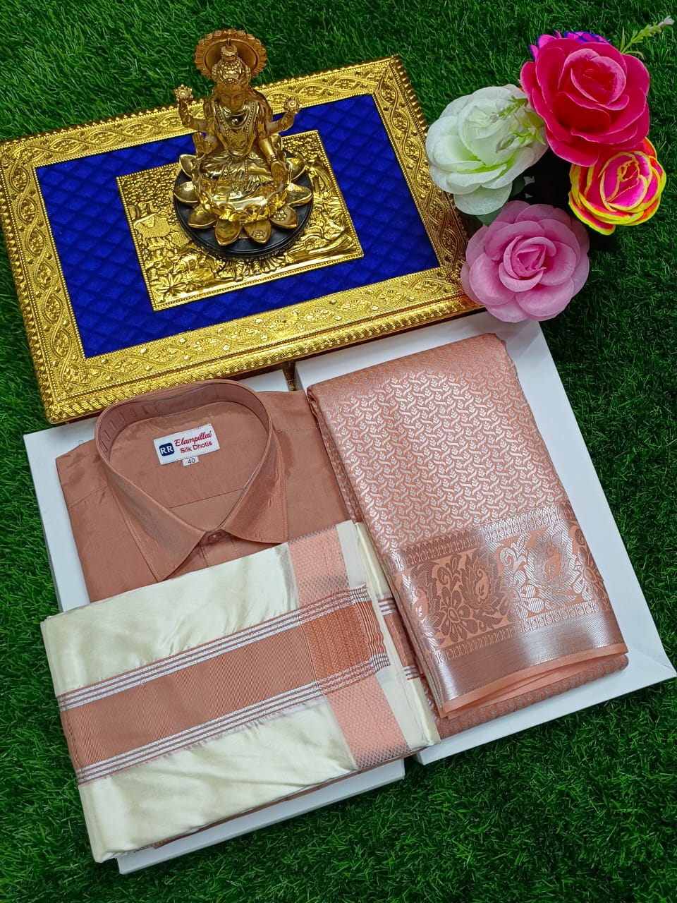 Semi Silk Saree & Cream Color Men's Dhoti Set - Couple Combo – www ...