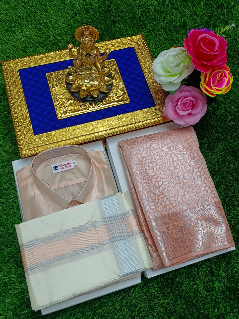 Semi Silk Saree & Semi Silk Dhoti Set - Couple Combo