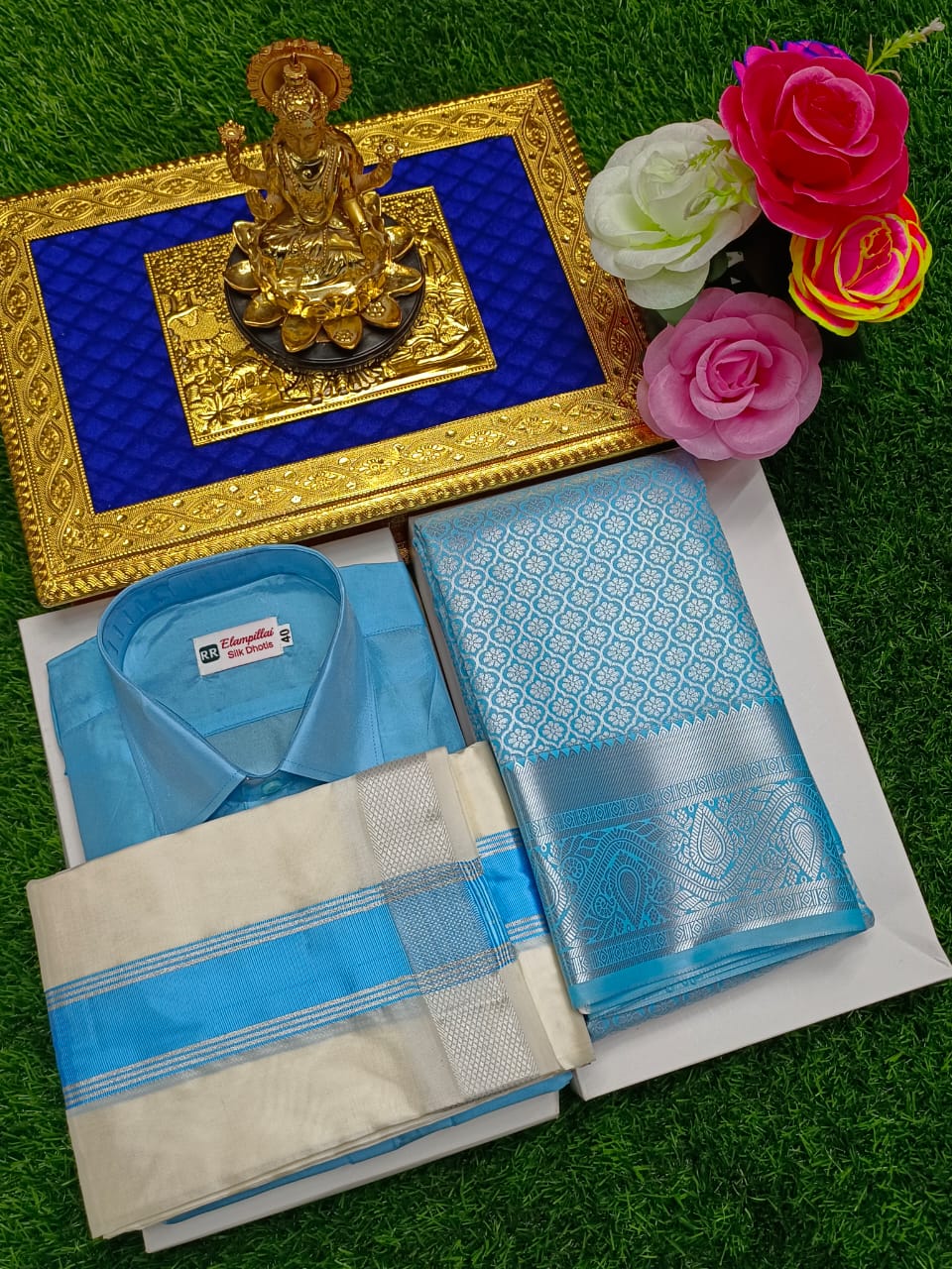 Semi Silk Saree & Semi Silk Dhoti Set - Couple Combo