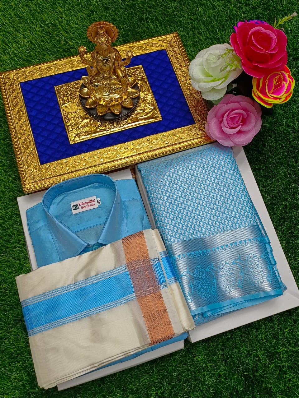 Semi Silk Saree & Semi Silk Dhoti Set - Couple Combo