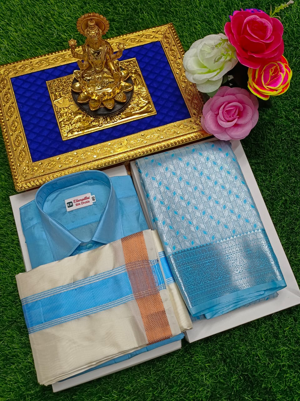 Semi Silk Saree & Semi Silk Dhoti Set - Couple Combo