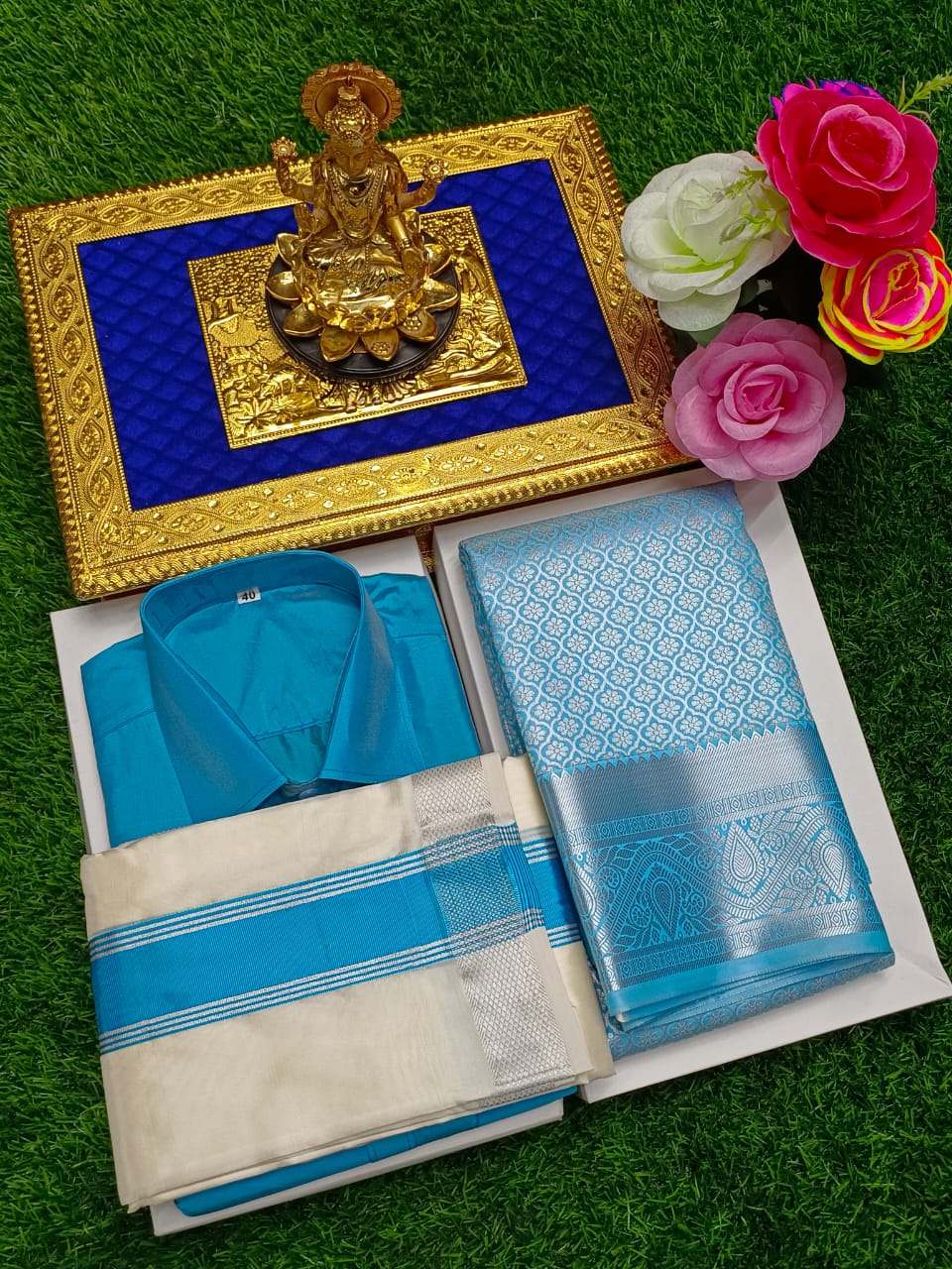 Semi Silk Saree & Semi Silk Dhoti Set - Couple Combo