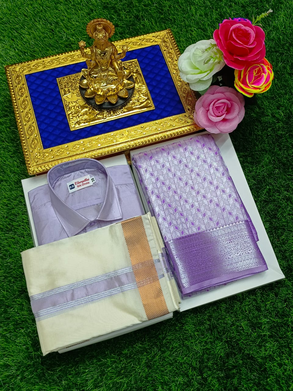 Semi Silk Saree & Semi Silk Dhoti Set - Couple Combo