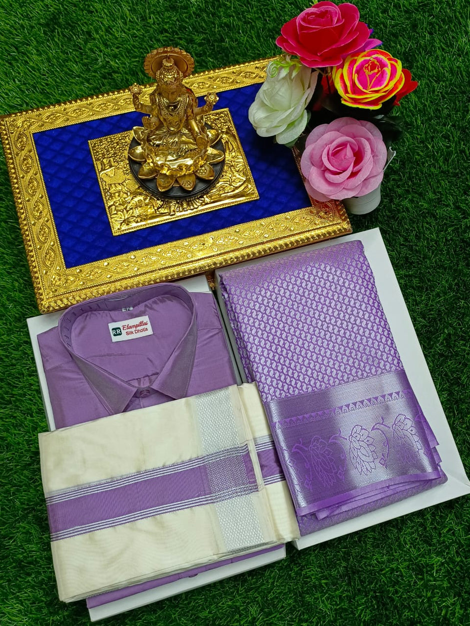 Semi Silk Saree & Cream Color Men's Dhoti Set - Couple Combo – www ...