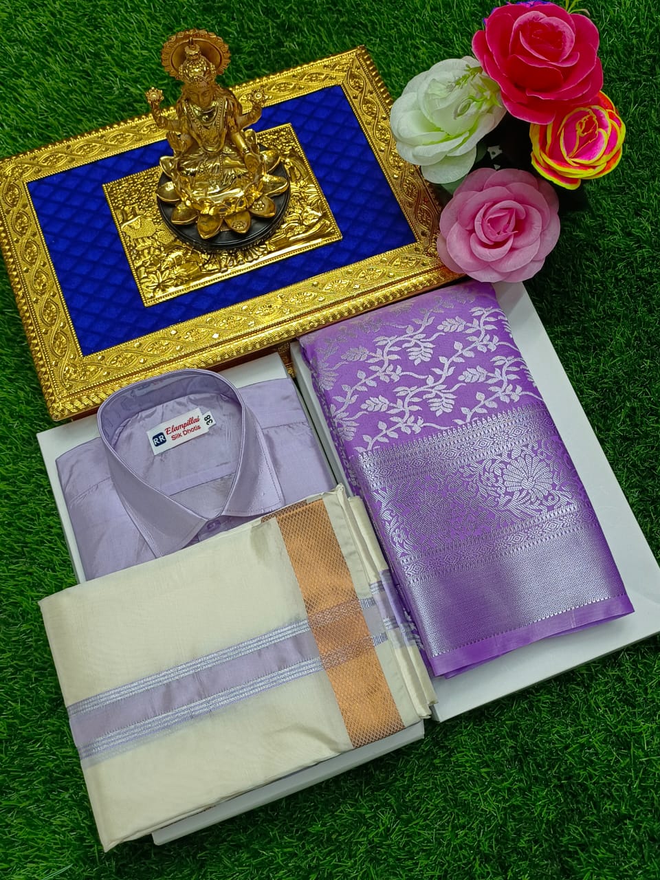 Semi Silk Saree & Semi Silk Dhoti Set - Couple Combo