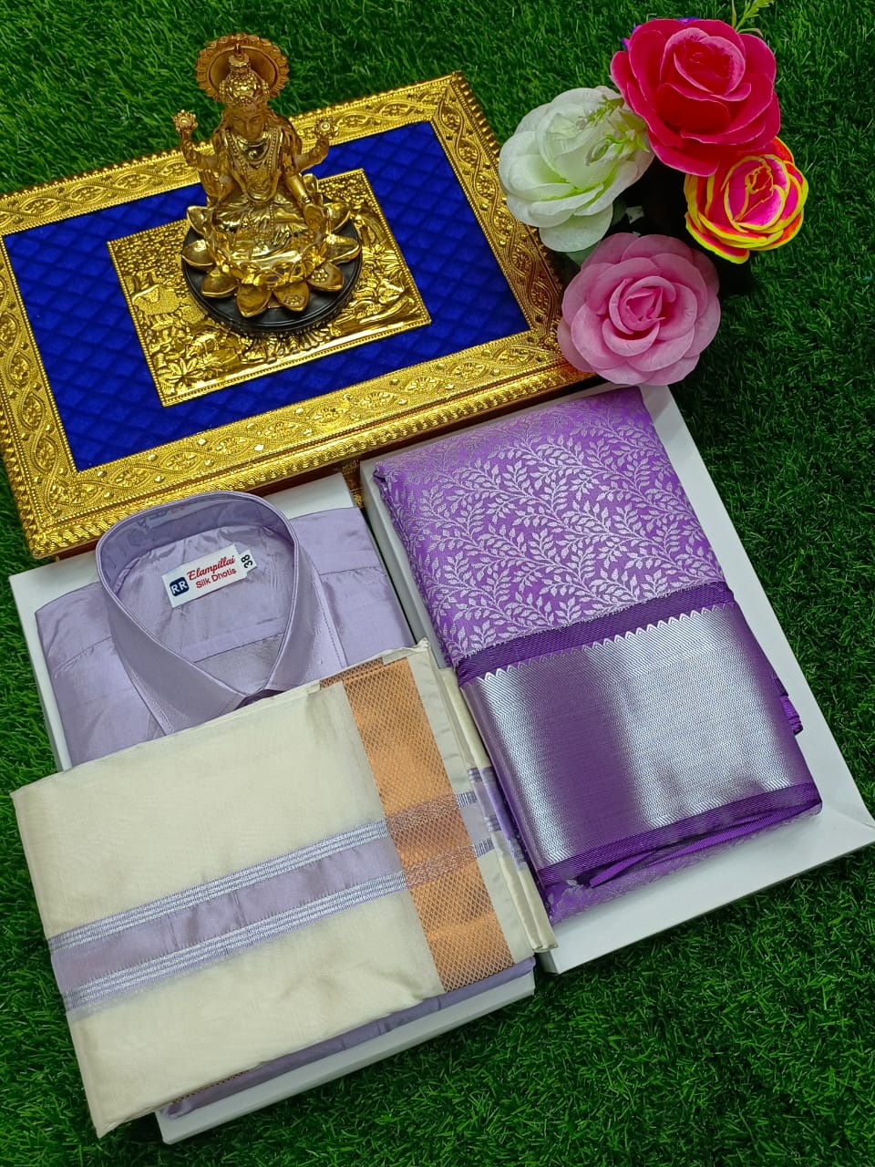 Semi Silk Saree & Semi Silk Dhoti Set - Couple Combo