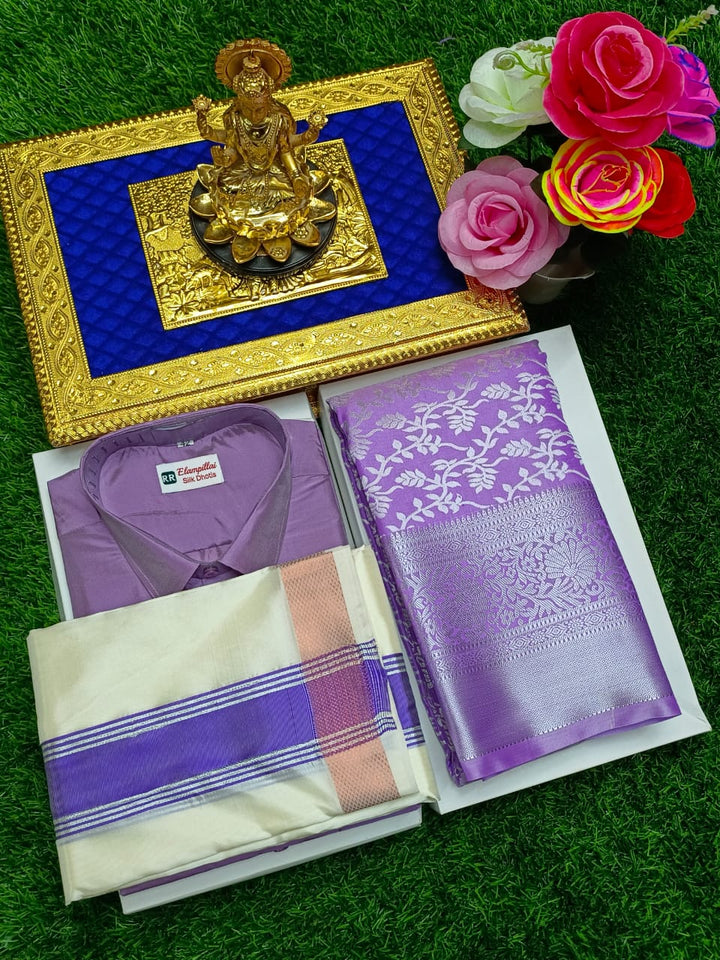 Semi Silk Saree & Cream Color Men's Dhoti Set - Couple Combo – www ...