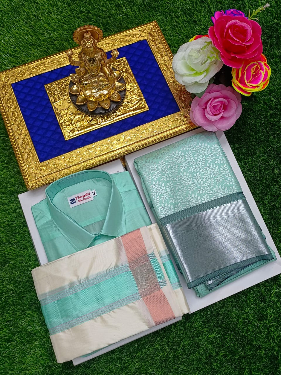 Semi Silk Saree & Cream Color Men's Dhoti Set - Couple Combo – www ...