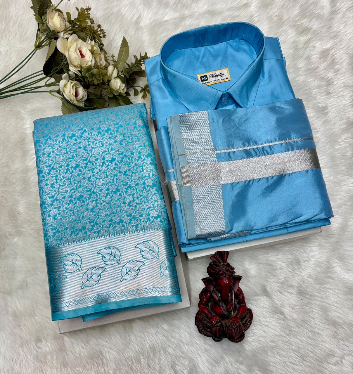 Semi Silk Saree & Semi Silk Dhoti Set - Couple Combo
