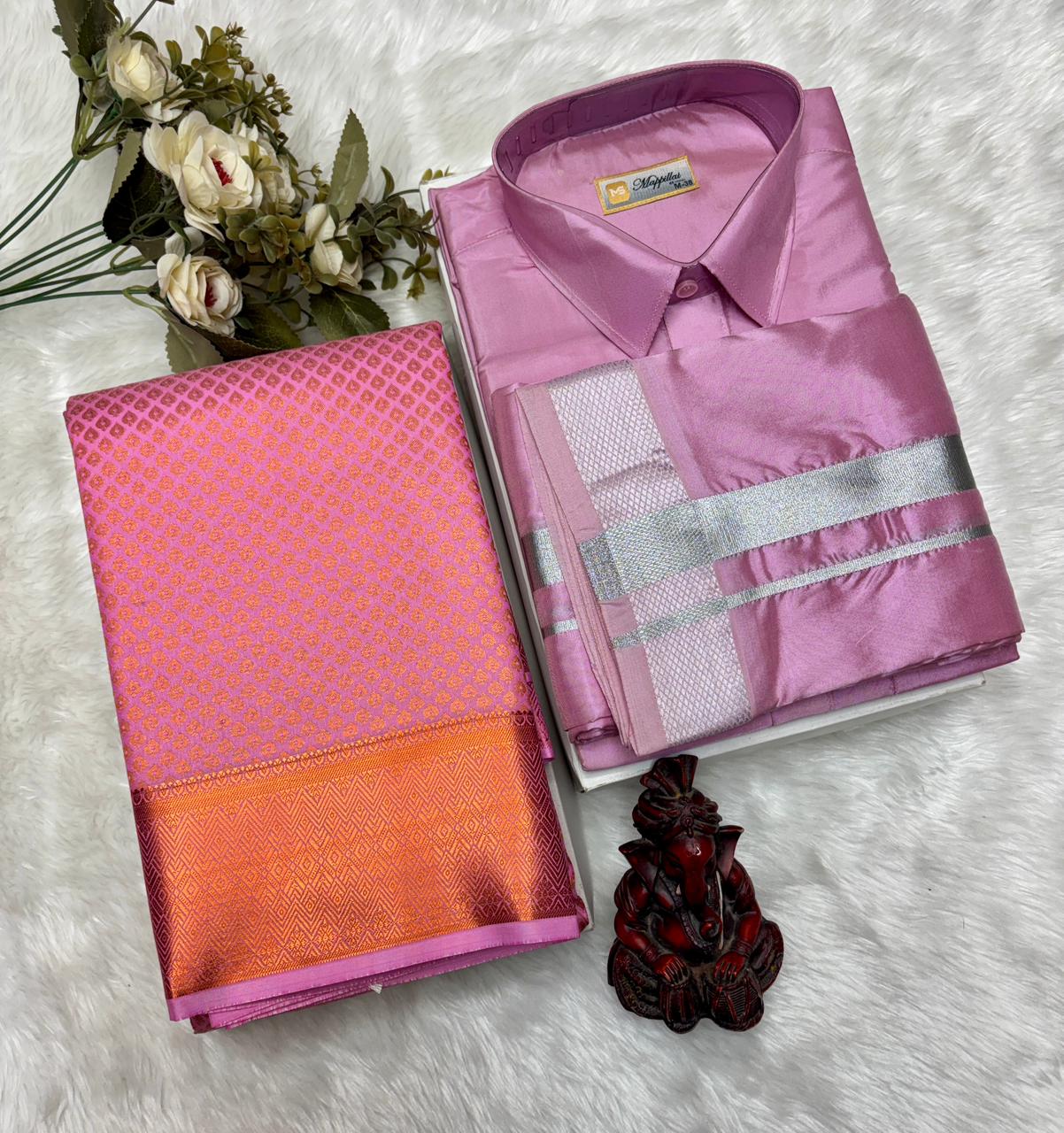Semi Silk Saree & Semi Silk Dhoti Set - Couple Combo