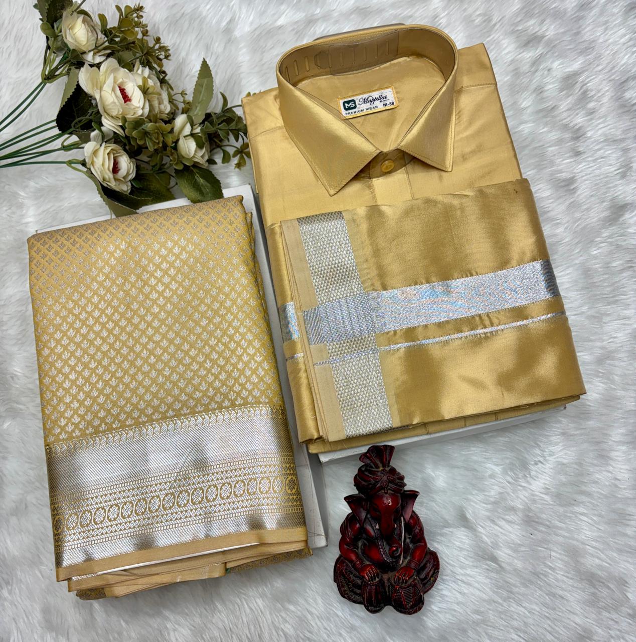 Semi Silk Saree & Semi Silk Dhoti Set - Couple Combo