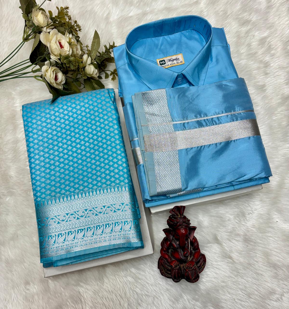 Semi Silk Saree & Semi Silk Dhoti Set - Couple Combo