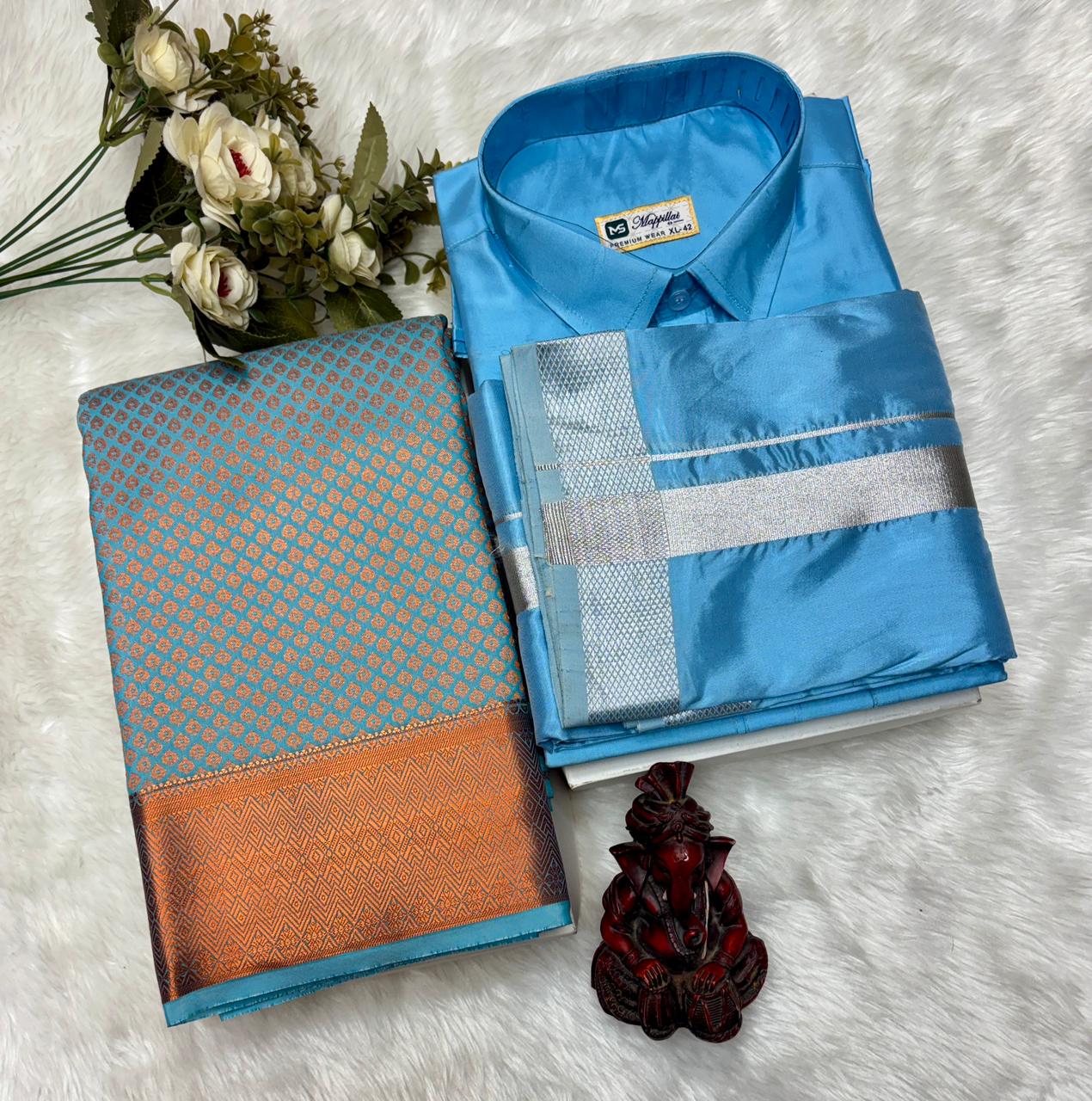 Semi Silk Saree & Semi Silk Dhoti Set - Couple Combo