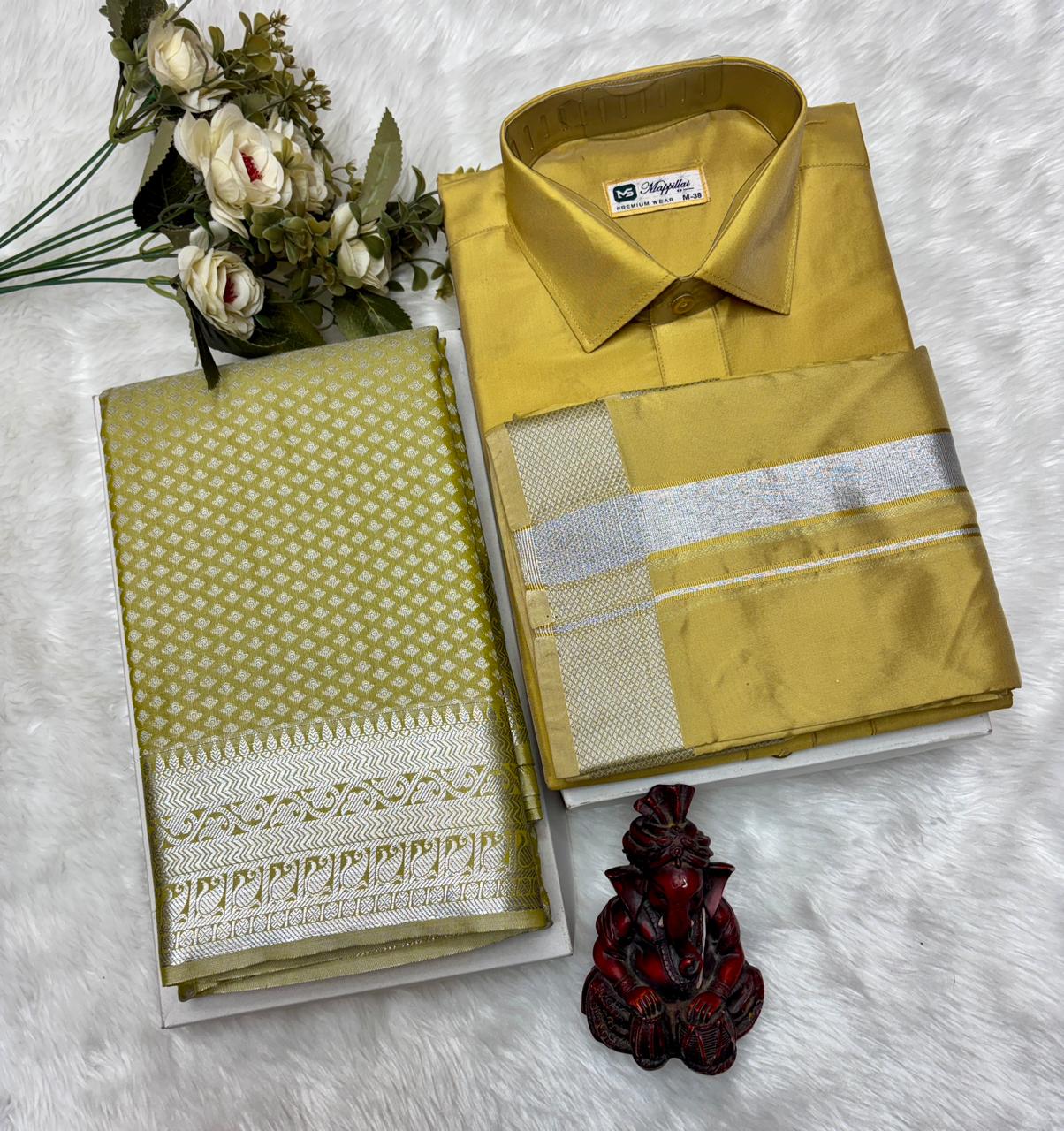 Semi Silk Saree & Semi Silk Dhoti Set - Couple Combo
