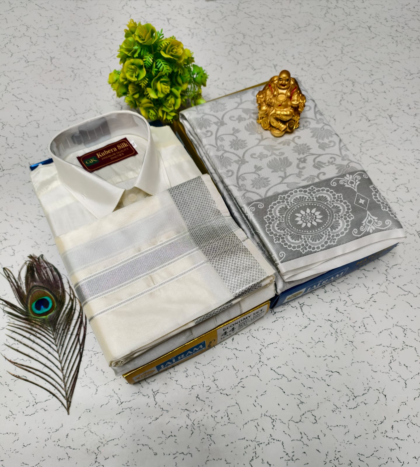 Semi Silk Saree & Semi Silk Dhoti Set - Couple Combo