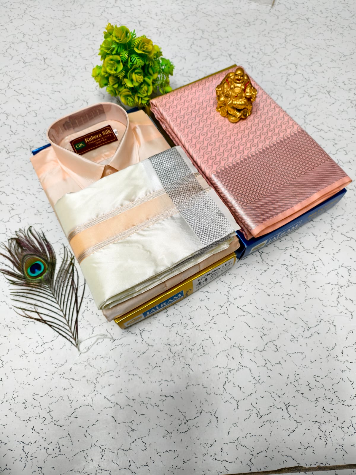 Semi Silk Saree & Semi Silk Dhoti Set - Couple Combo