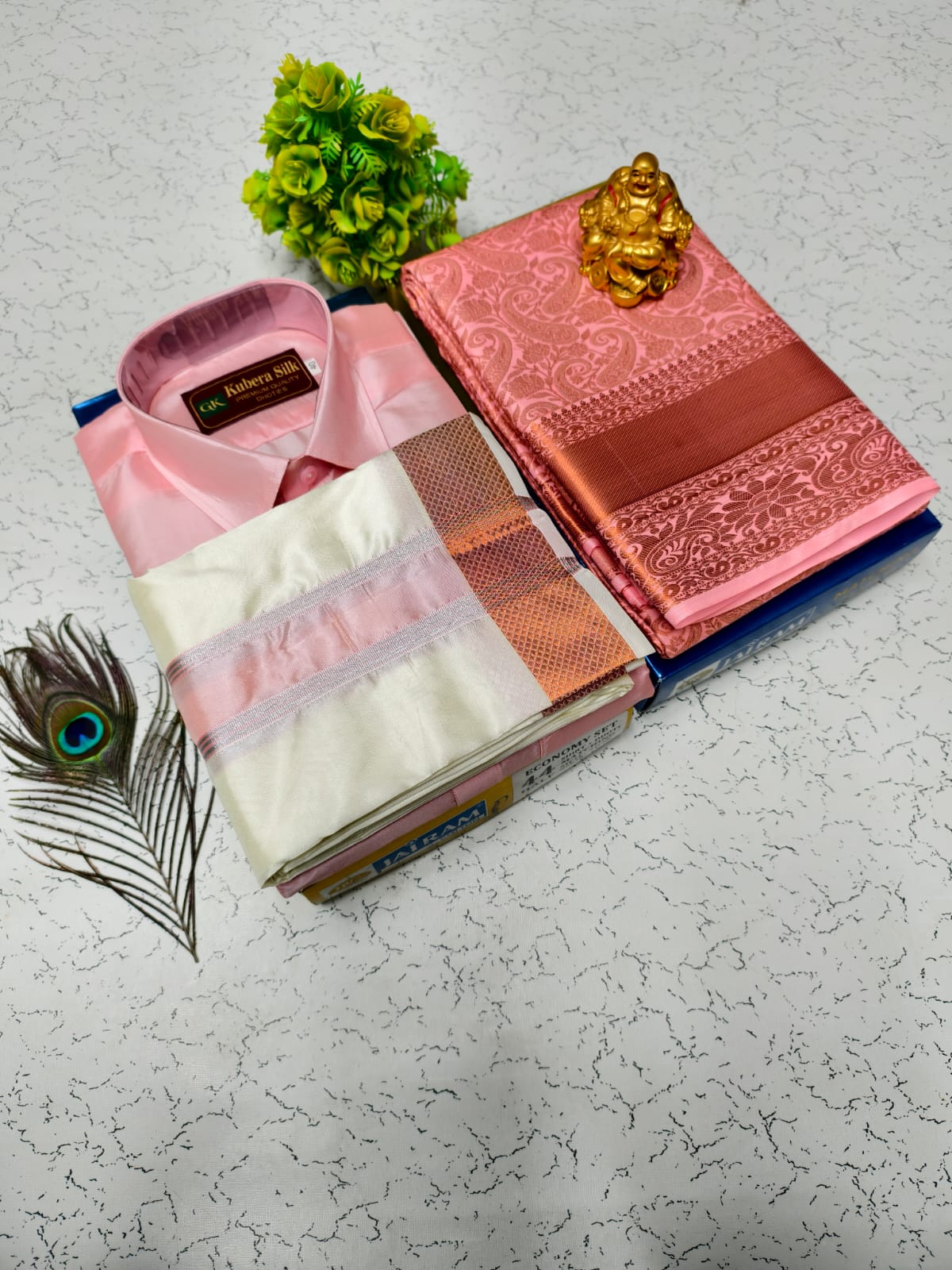 Semi Silk Saree & Semi Silk Dhoti Set - Couple Combo