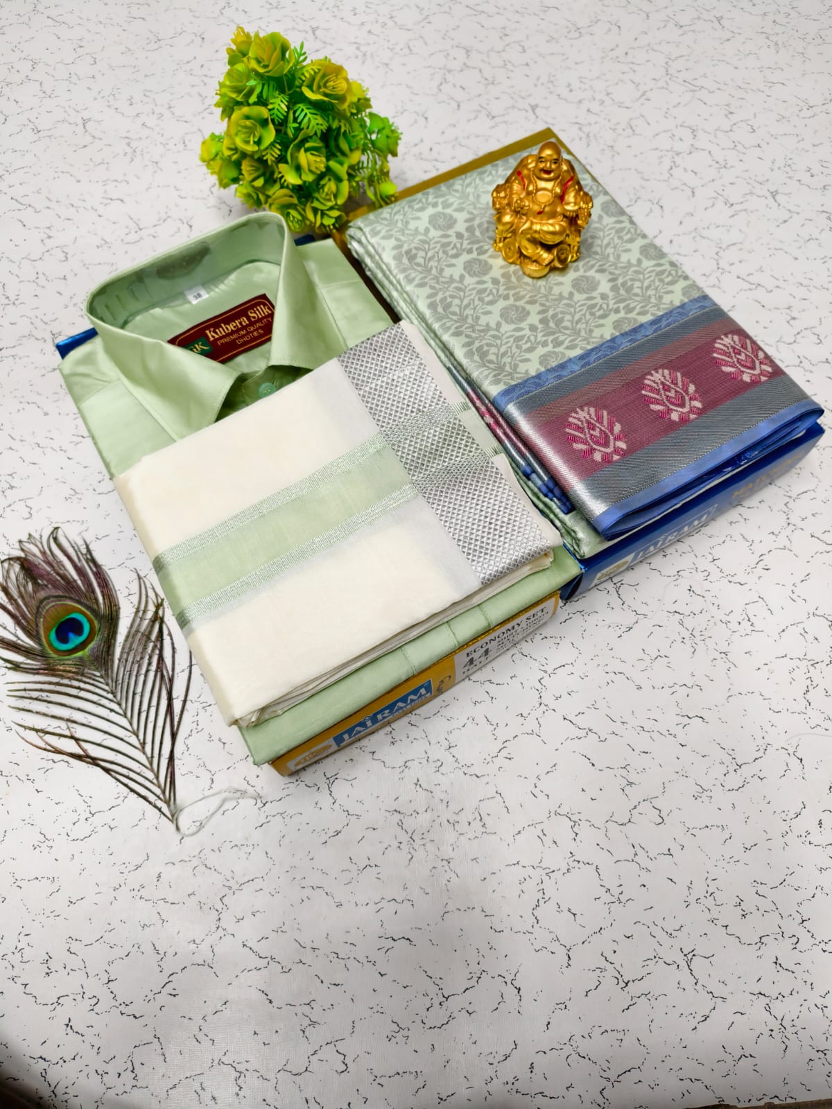 Semi Silk Saree & Semi Silk Dhoti Set - Couple Combo
