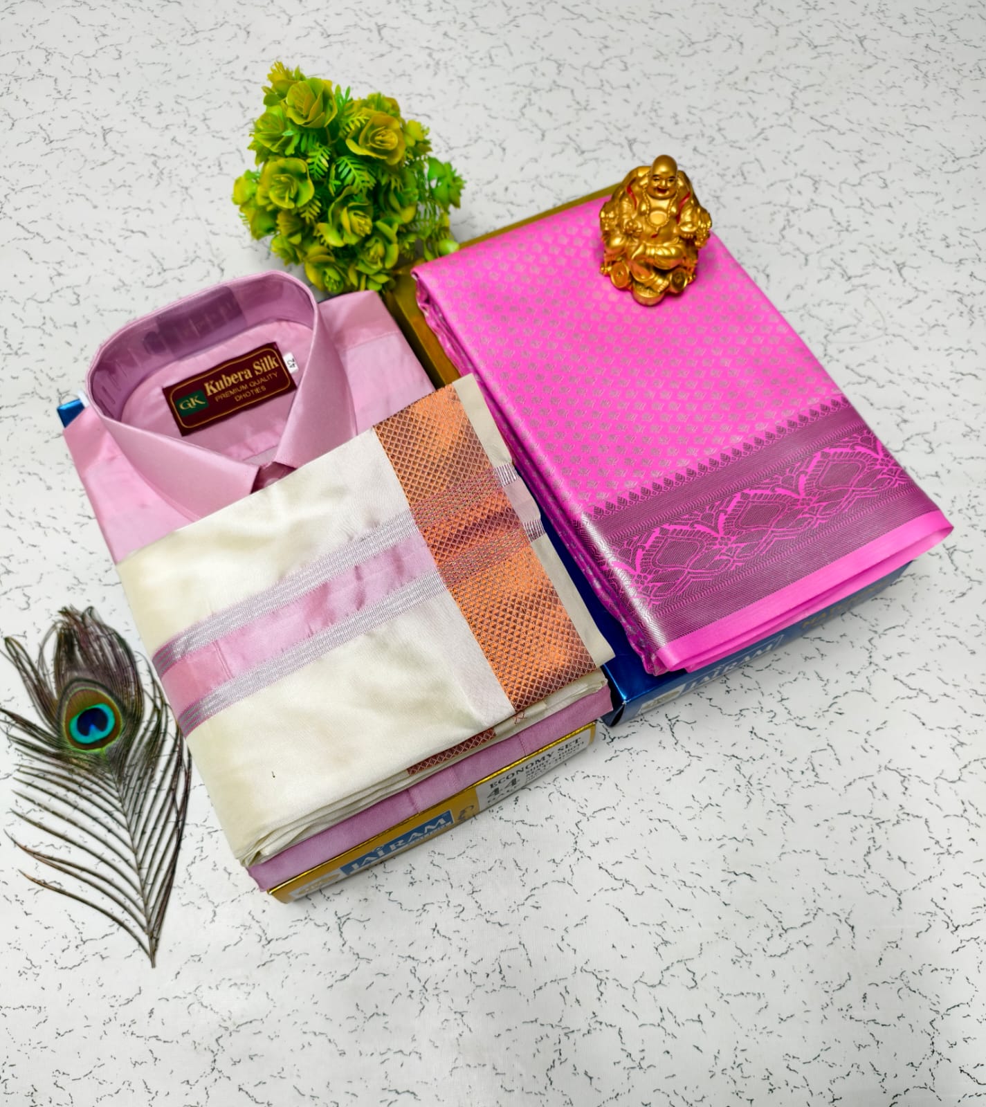 Semi Silk Saree & Semi Silk Dhoti Set - Couple Combo