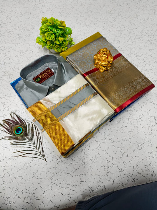Semi Silk Saree & Semi Silk Dhoti Set - Couple Combo