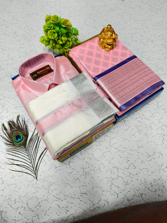Semi Silk Saree & Semi Silk Dhoti Set - Couple Combo