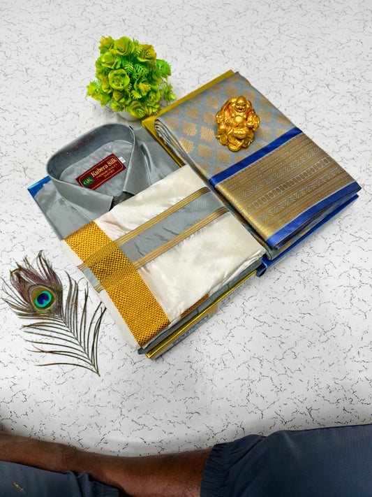 Semi Silk Saree & Semi Silk Dhoti Set - Couple Combo