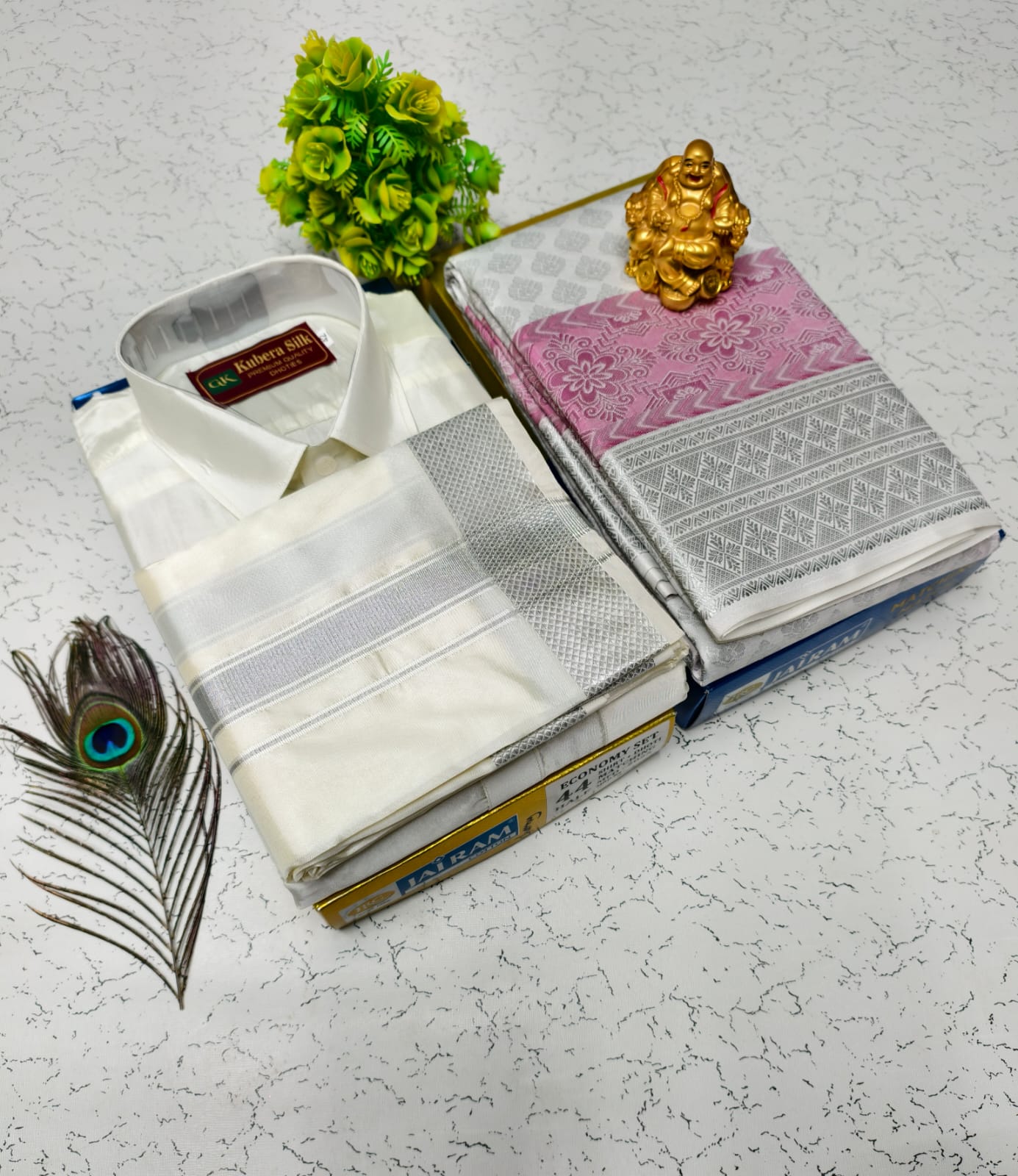 Semi Silk Saree & Semi Silk Dhoti Set - Couple Combo