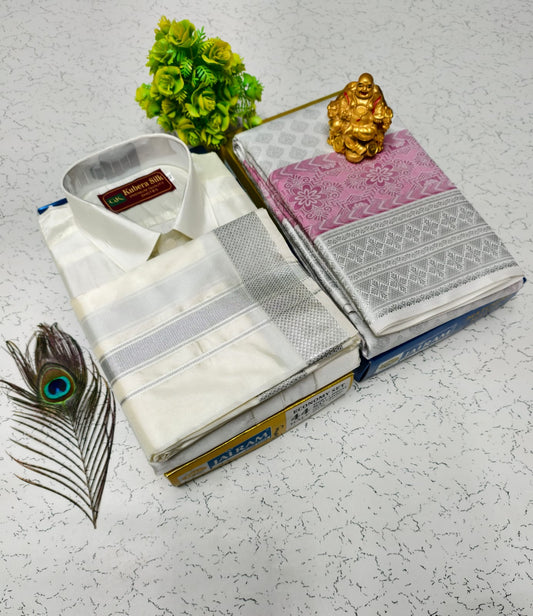 Semi Silk Saree & Semi Silk Dhoti Set - Couple Combo