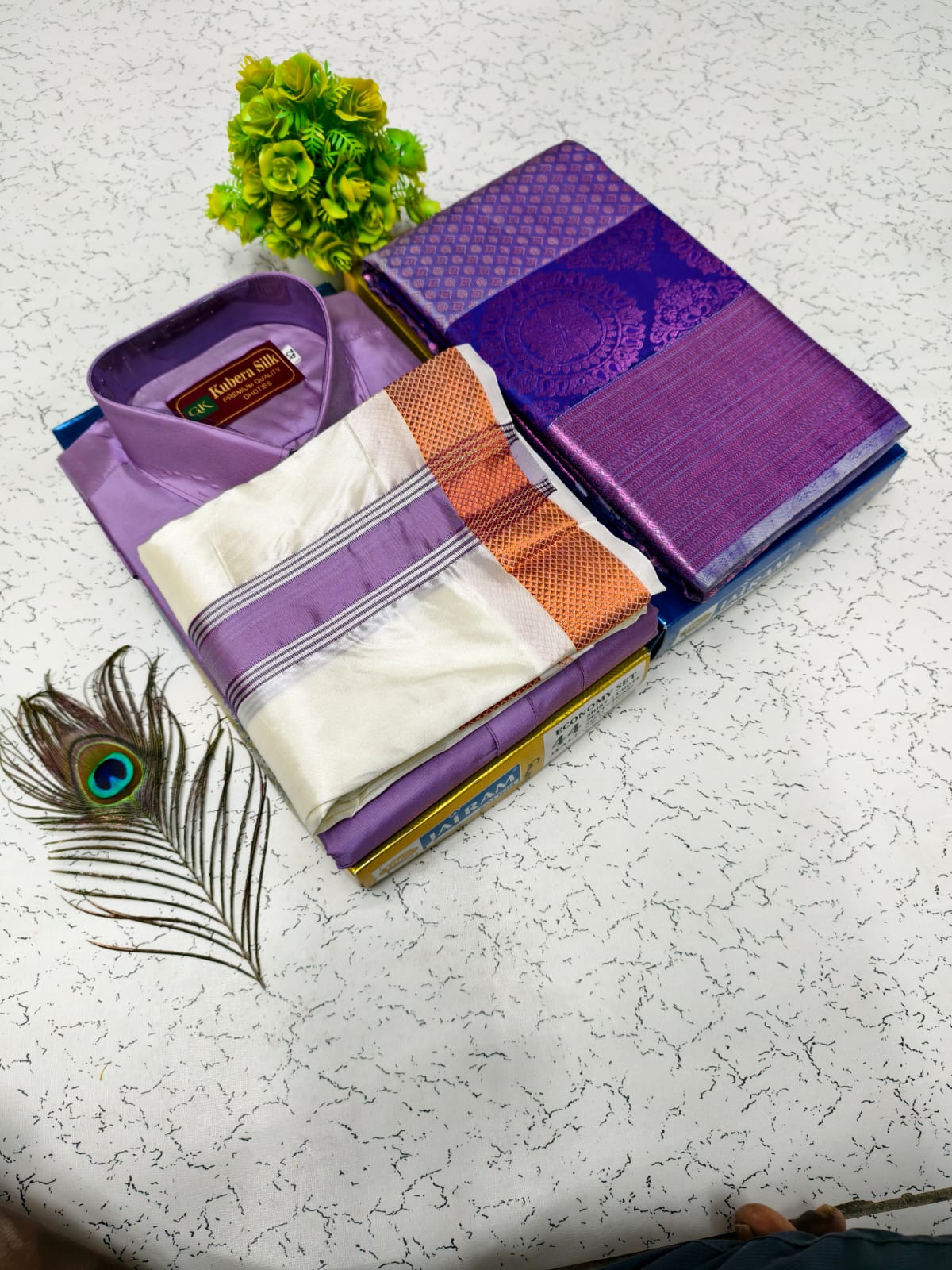 Semi Silk Saree & Semi Silk Dhoti Set - Couple Combo