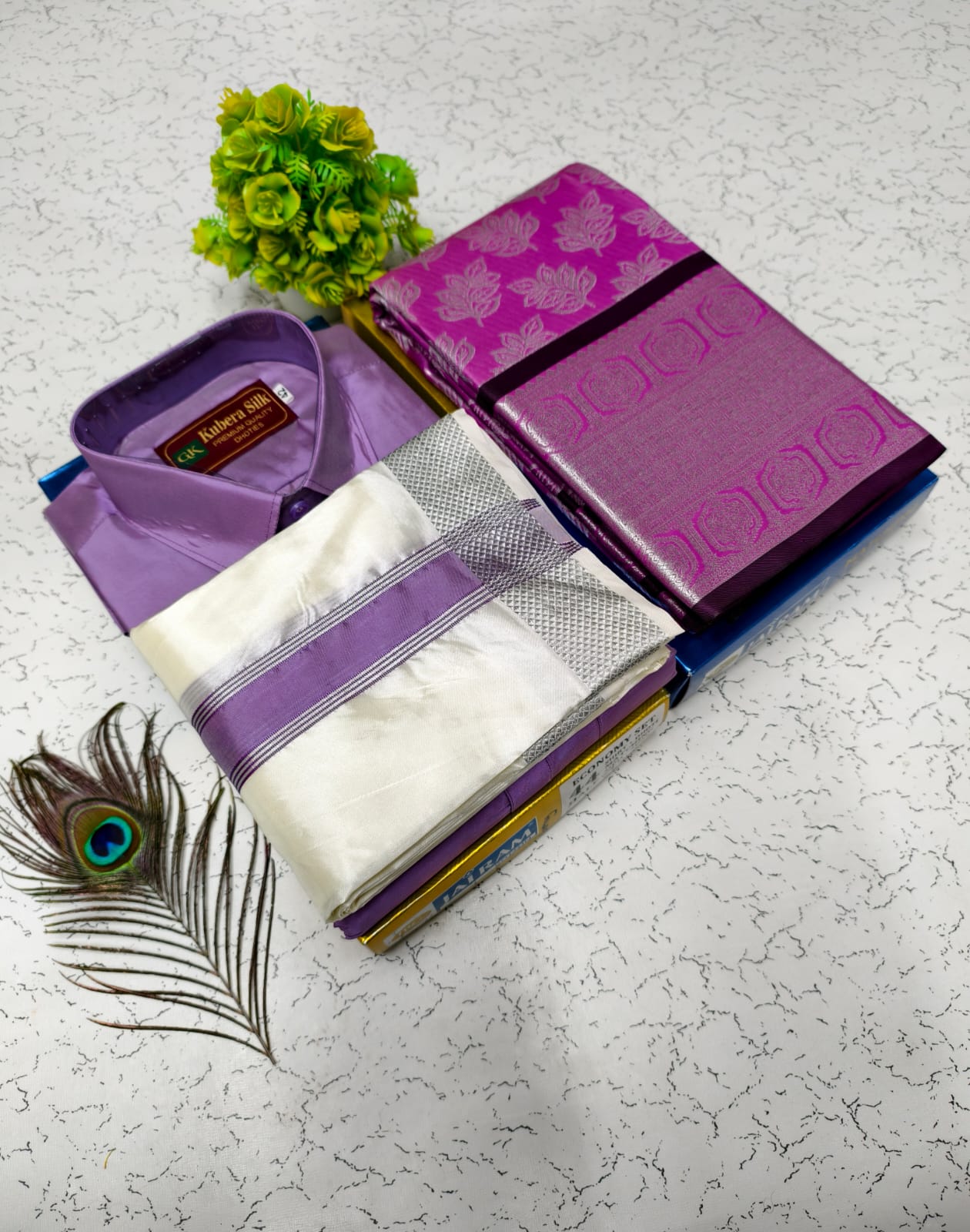 Semi Silk Saree & Semi Silk Dhoti Set - Couple Combo