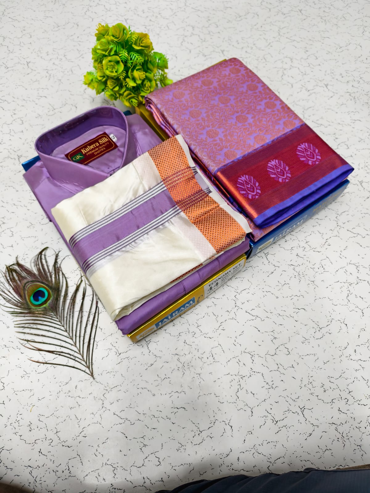 Semi Silk Saree & Semi Silk Dhoti Set - Couple Combo