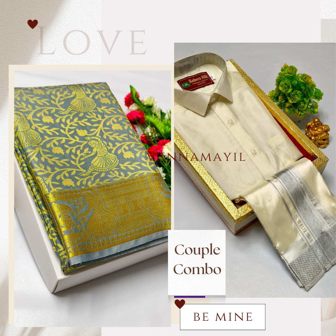 Semi Silk Saree & Semi Silk Dhoti Set - Couple Combo