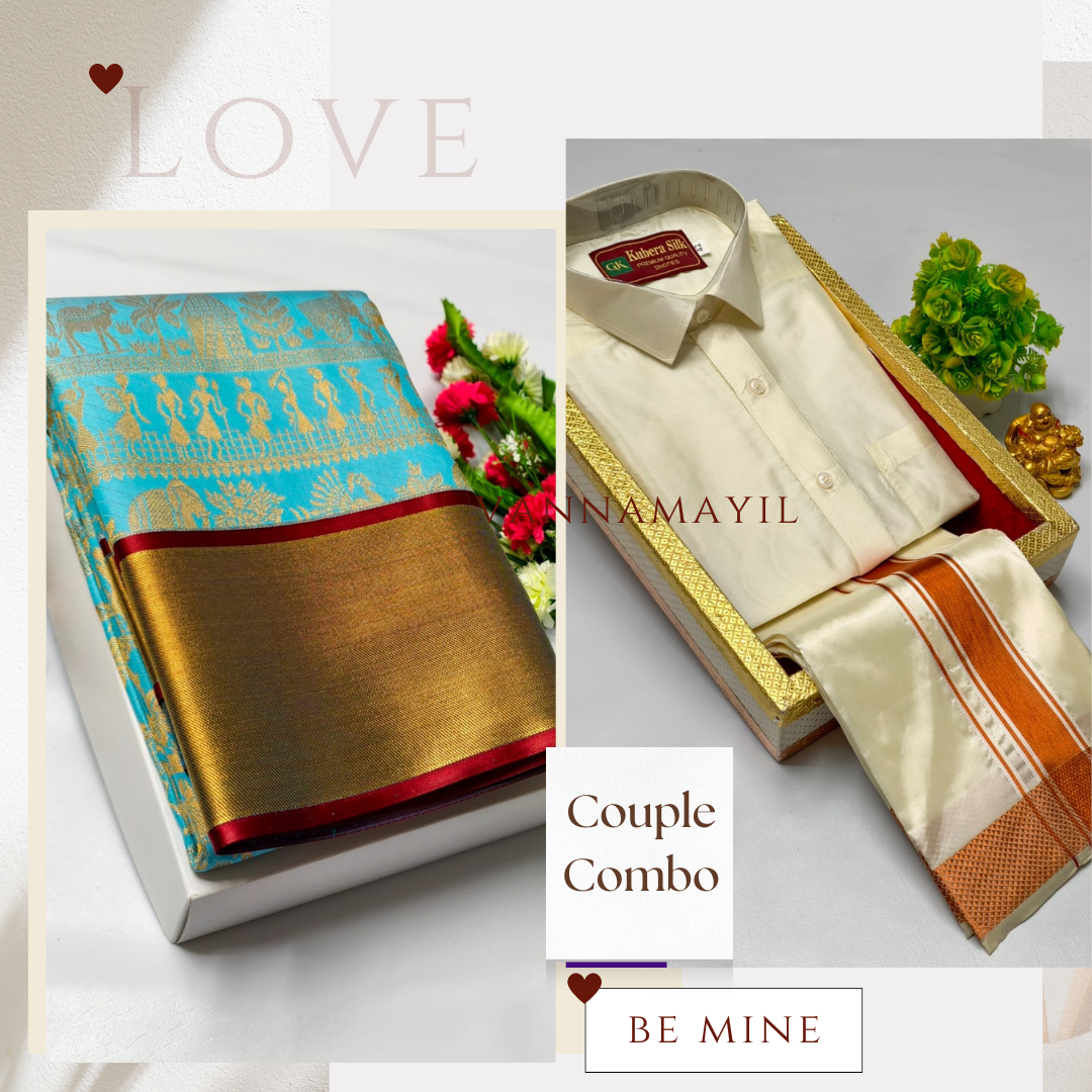 Semi Silk Saree & Semi Silk Dhoti Set - Couple Combo