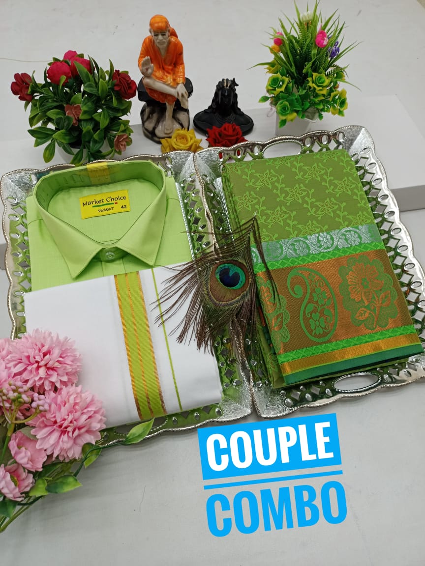Couple Combo - Semi Silk Saree With Cotton Blend Dhoti Shirt