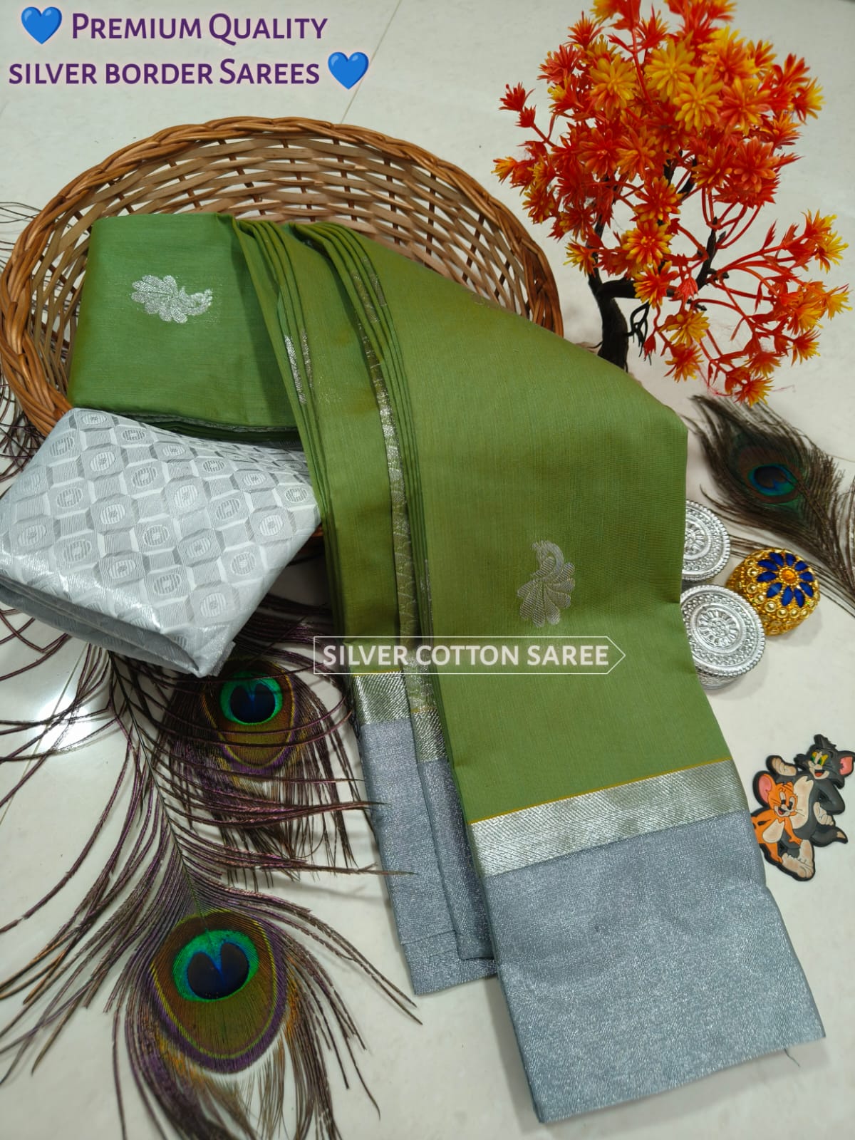 Silk Cotton Saree With Silver Zari