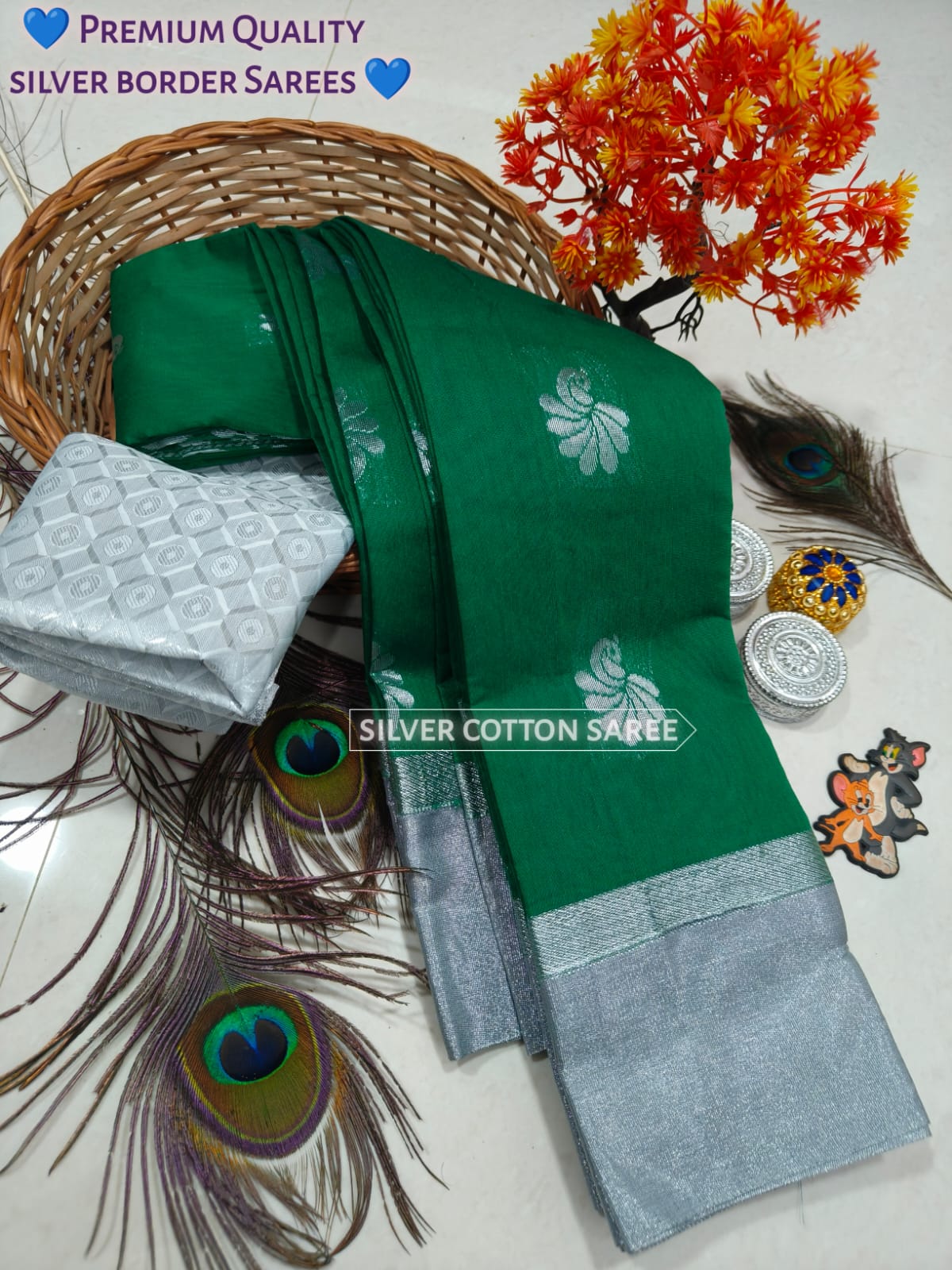 Silk Cotton Saree With Silver Zari