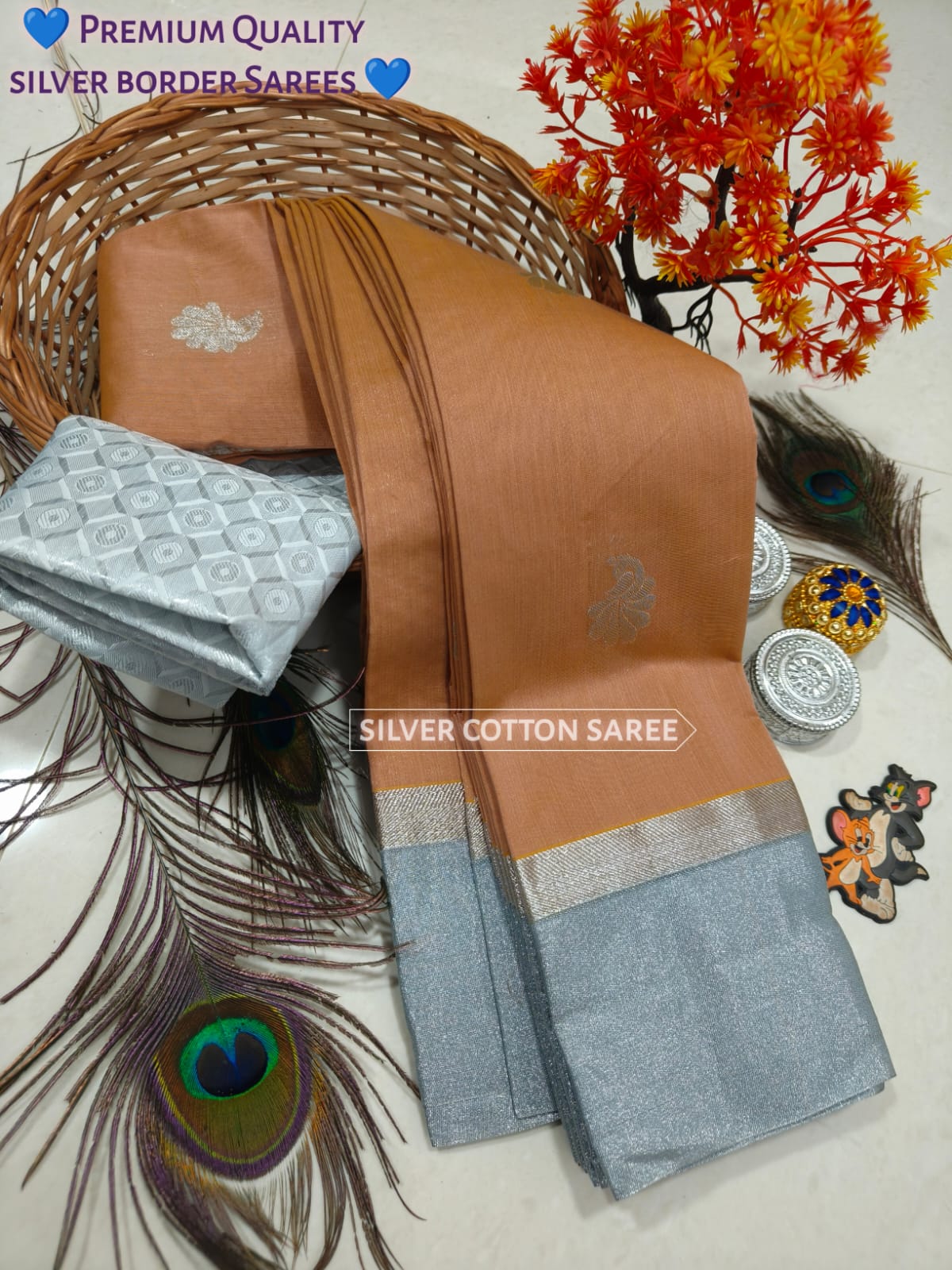 Silk Cotton Saree With Silver Zari