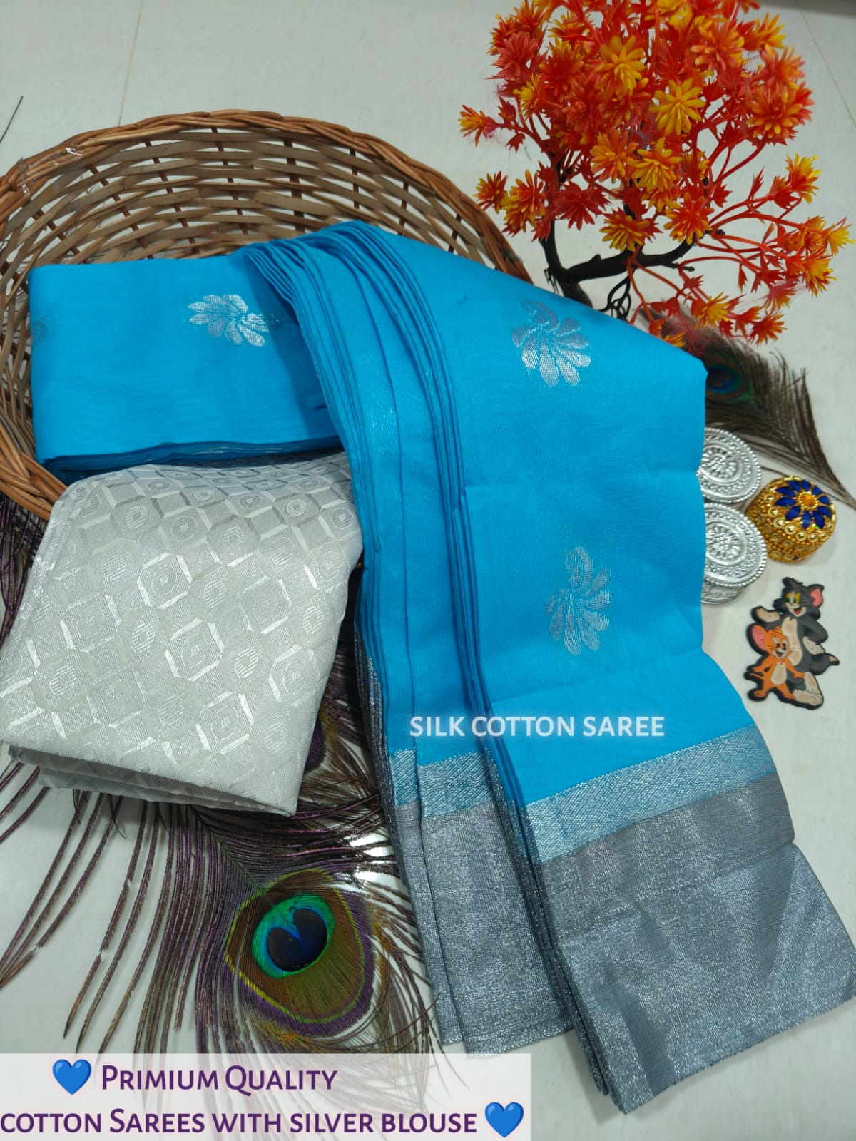 Silk Cotton Saree With Silver Zari