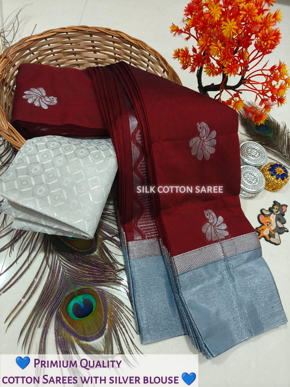 Silk Cotton Saree With Silver Zari