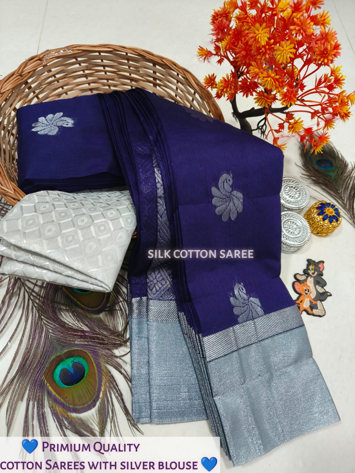 Silk Cotton Saree With Silver Zari