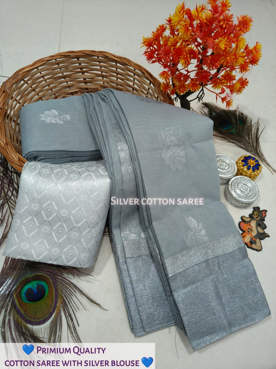 Silk Cotton Saree With Silver Zari