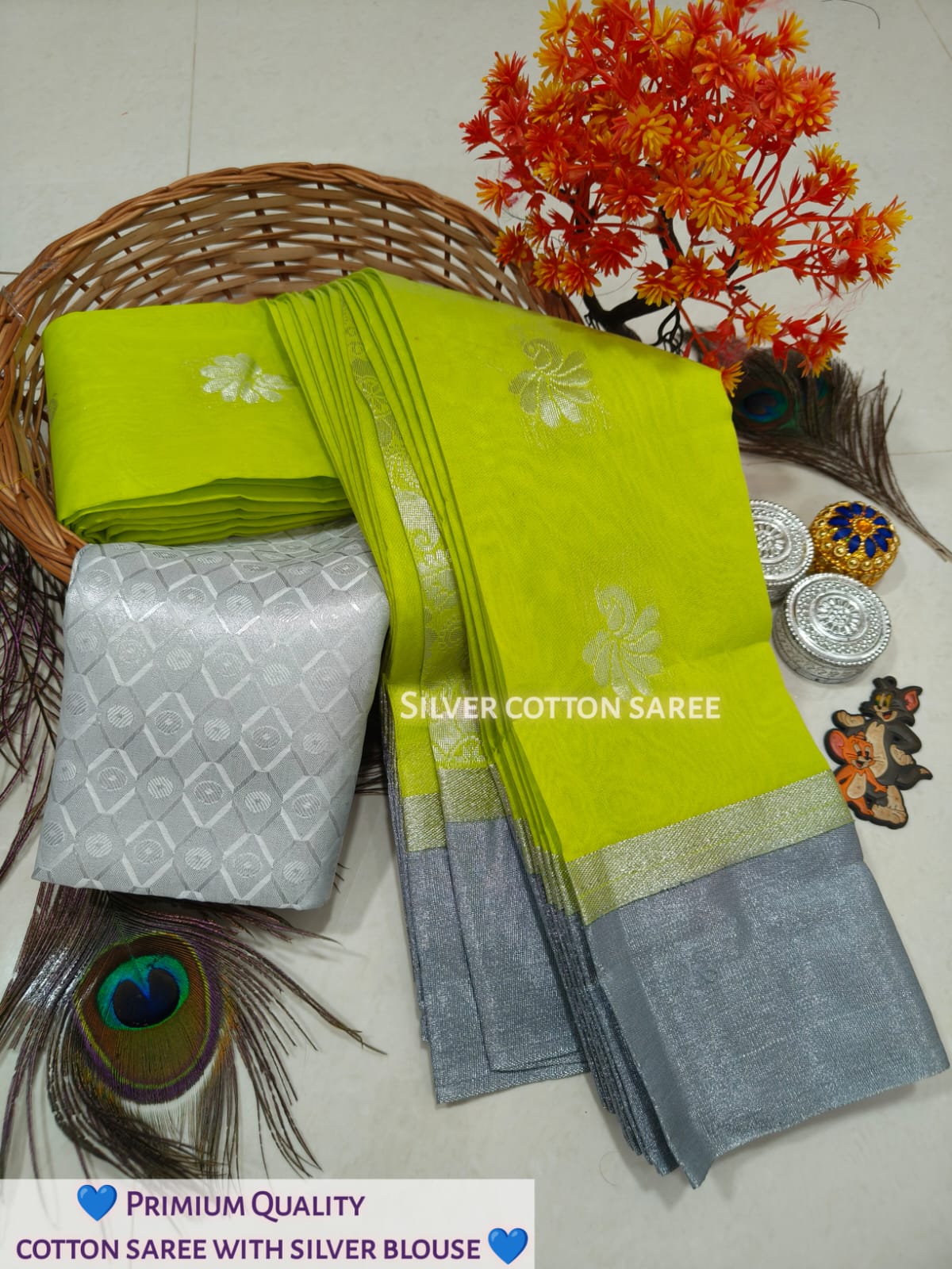 Silk Cotton Saree With Silver Zari