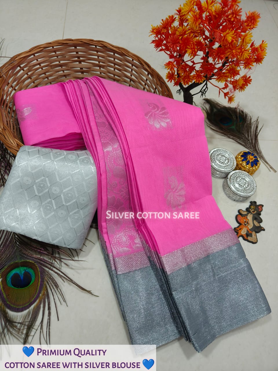 Silk Cotton Saree With Silver Zari