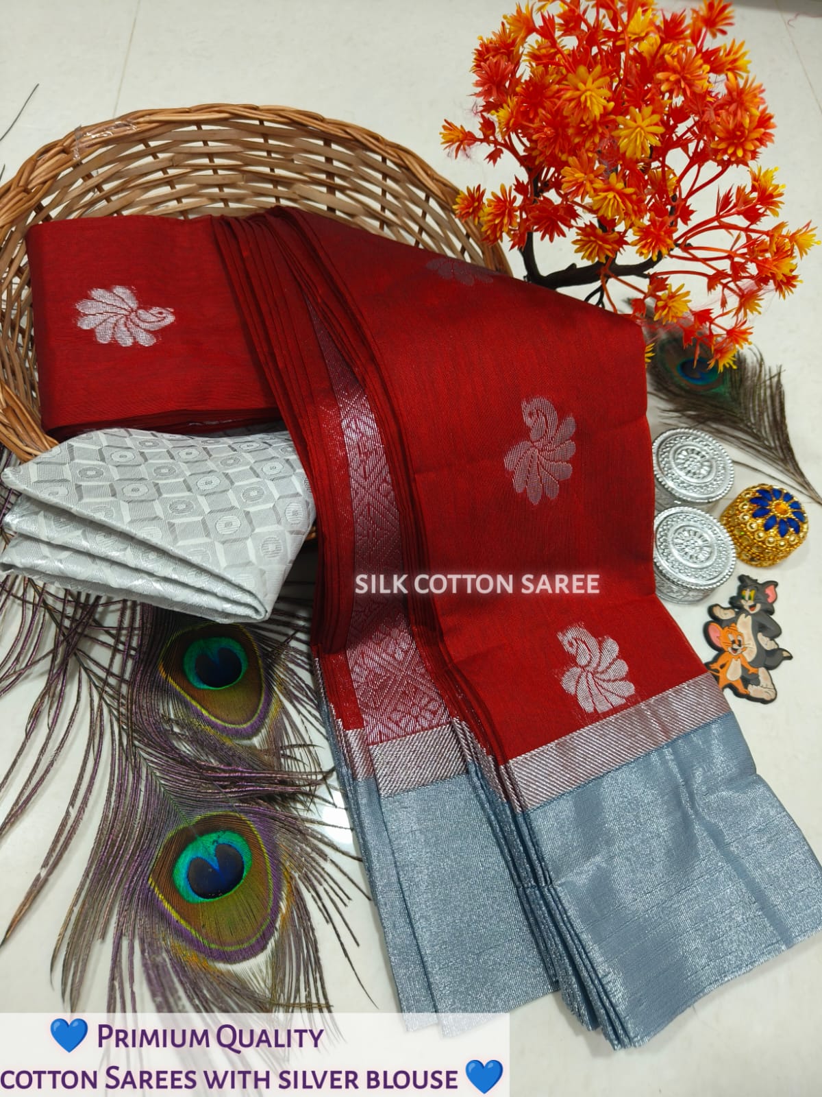 Silk Cotton Saree With Silver Zari